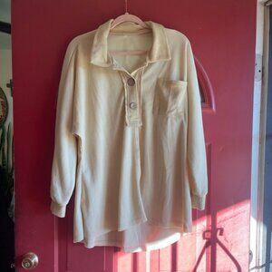 Butter yellow Button-Up waffle knit Pullover. Only 1 button is functional